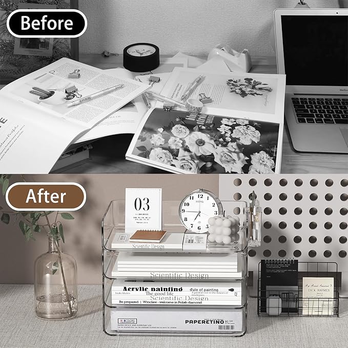 4-Tier Horizontal Acrylic Paper Tray Organizer with Pen Holder | Clear Stackable Desk Organizer for Documents, Letters, A4 Paper | Modern Office/Classroom/Home Organization