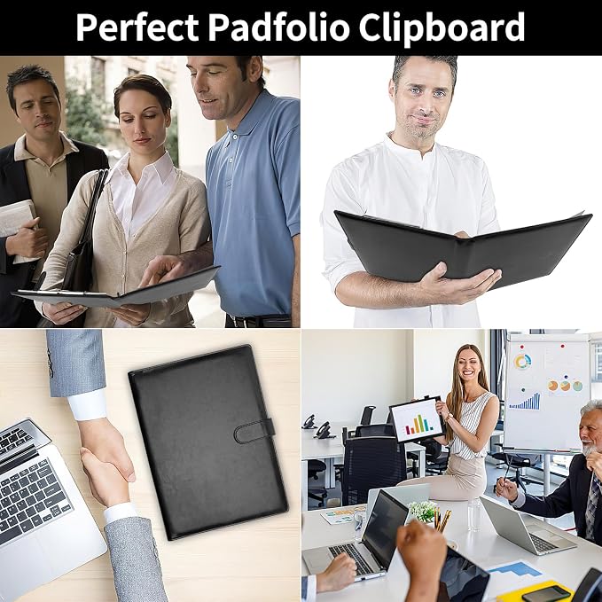 Professional Padfolio with Clipboard, Faux Leather Portfolio Folder Binder | Black Legal Pad Holder for A4 Letter Size Notepad, Resume, Notebook Cover Organizer for Business Office Conference