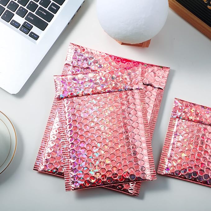 50 Pieces Bubble Mailers 3 Sizes Self Seal Adhesive Poly Mailers Metallic Foil Glitter Padded Shipping Bubble Envelopes for Valentine Mailing Packing Small Business (Glitter Rose Gold)