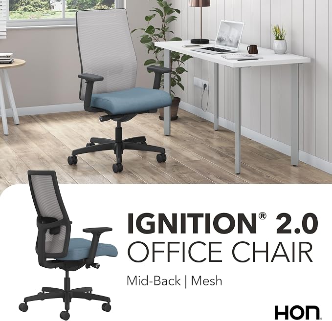 HON Ignition 2.0 Ergonomic Office Chair, Adjustable Tilt, Swivel Wheels, Comfy for Long Hours, Home Office Desk Chairs, Blue