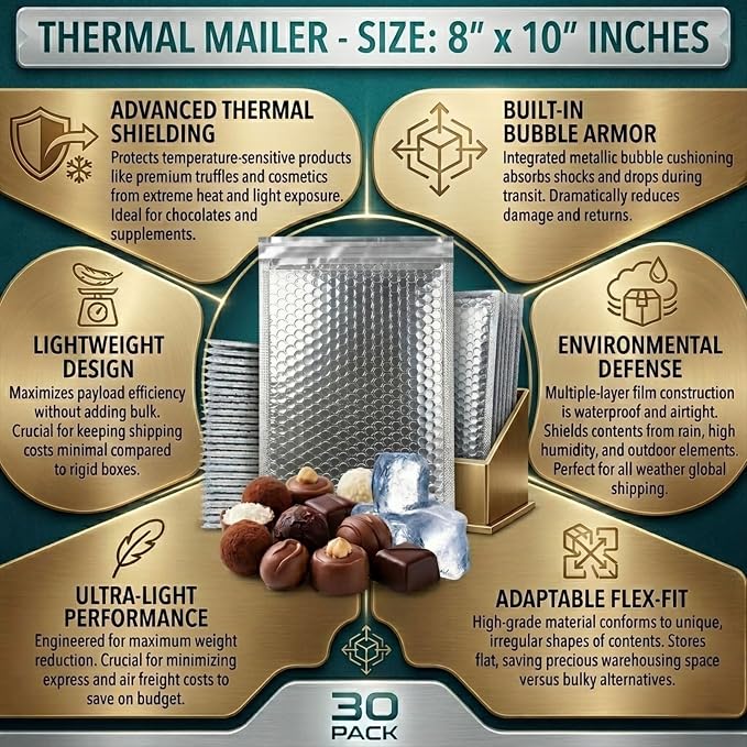 Thermal Mailers 8x10 Inch (30 Pack) with Thermal Labels & Fragile Stickers - Insulated Bubble Mailers for Cold Shipping - Waterproof Self-Seal Insulated Bags - Cold shipping supplies