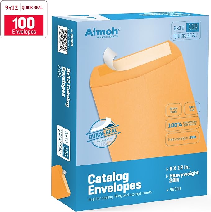 Aimoh 9x12 Self-Seal Brown Mailing Envelopes, Manilla Envelopes, 28lb 100ct | Self-Seal Closure, 28 LB Kraft Paper, Catalog Style, Brown, 9 x 12 in, Durable Construction, 100 Count (38300)