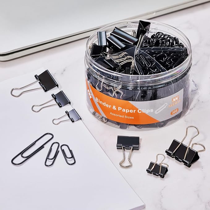 NEEWAY 300pcs Paper and Binder Clips Assorted Sizes, Black