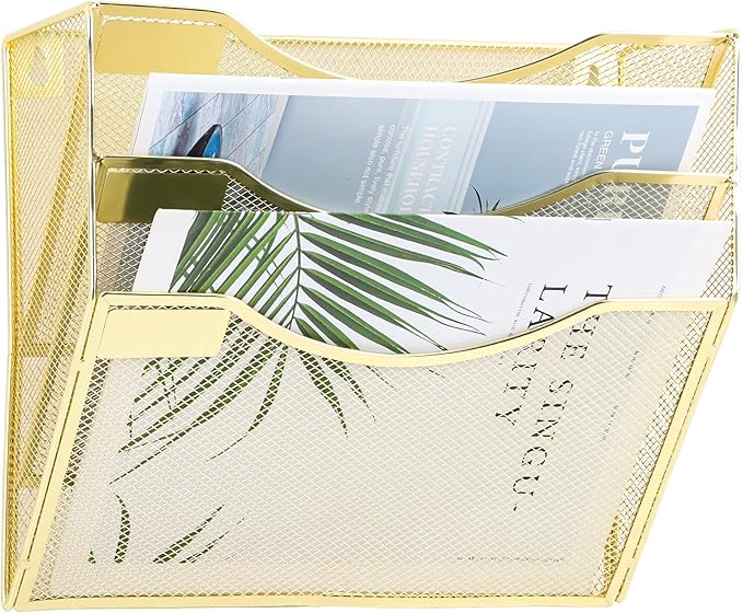 3 Pocket Mesh Hanging Wall File Organizer, Wall Mounted Mail Paper Document Folder Holder, Clipboard Storage Organization Magazine Rack with Nametag Label for Office Home School, Gold