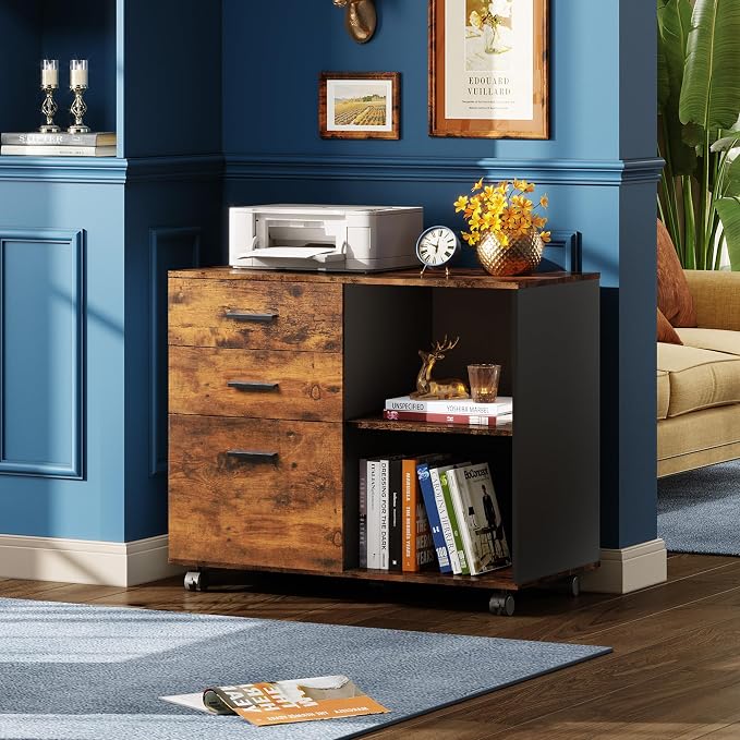 DEVAISE 3-Drawer Mobile File Cabinet, Lateral Filing Cabinet, Rustic Brown | Wood, Rolling Printer Stand, Under Desk Storage, Open Shelves, Fits Letter & A4 File, Home Office