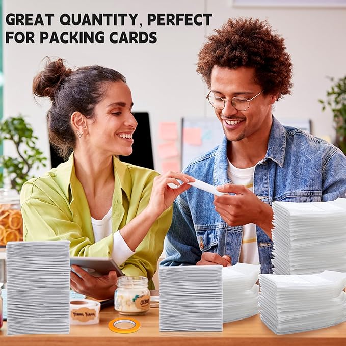 Engrowtic 302 Pcs Trading Card Shipping Protector Set Include 200 Precut Plastic Inserts Card Mailers 100 Poly Bubble Mailers Padded Envelopes and 2 Masking Tape (White,4.5 x 3.5 Inch)