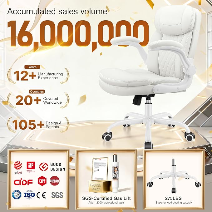Leather Office Chair, PU Computer Desk Chairs with Upgraded Double-Layer Seat Cushion and Neckrest, 360°Swivel, Ergonomic Small Gaming Chair with Wheels and Adjustable Armrests for Short People, White