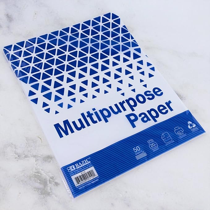 BAZIC Products White Multipurpose Paper, 8.5 x 11 in, 50 Sheets, 2-Pack | 20 lb (75 gsm), 100% recycled, laser and inkjet compatible