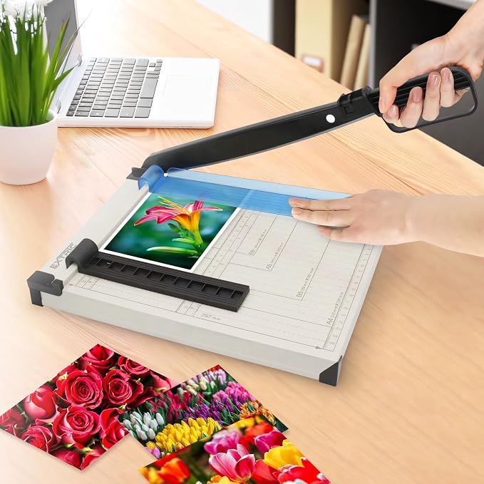 Paper Cutter Heavy Duty 12” Guillotine Papers Trimmer Safety Guard | Papers Cutter for Classroom and Office, Metal Base with Magnetic Guide and Laser Printed Scale