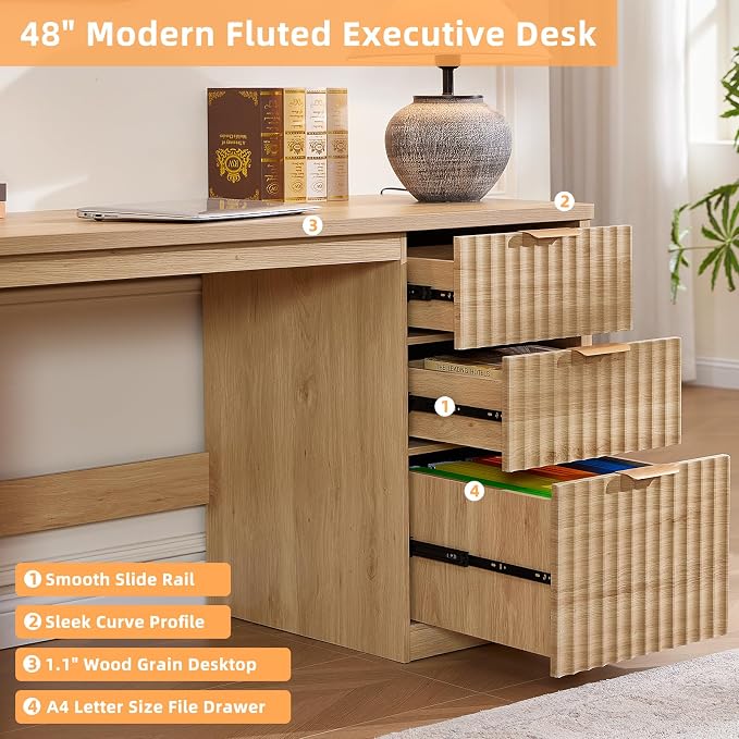 LEYAOYAO Office Desk 48" with 3 Drawers Storage File Cabinet | Wood Fluted Work Study Escritorio Desks for Computer Office Bedroom Home Furniture