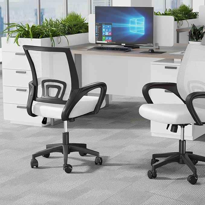 Home Office Chair, Ergonomic Mid-Back Mesh Desk Chair with Lumbar Support, Adjustable Swivel Rolling Design, Comfy Armrest for Work, Study, Gaming, Vanity (White, Single Chair)