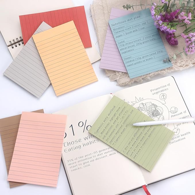 Lined Sticky Notes, 4x6 Inch, 8 Pack, Vintage Colors, 30 Sheets/Pad | Premium Self-Adhesive Notepads, Large Sticky Pads for Office, School & Home Use, Easy to Use, Reusable & Removable