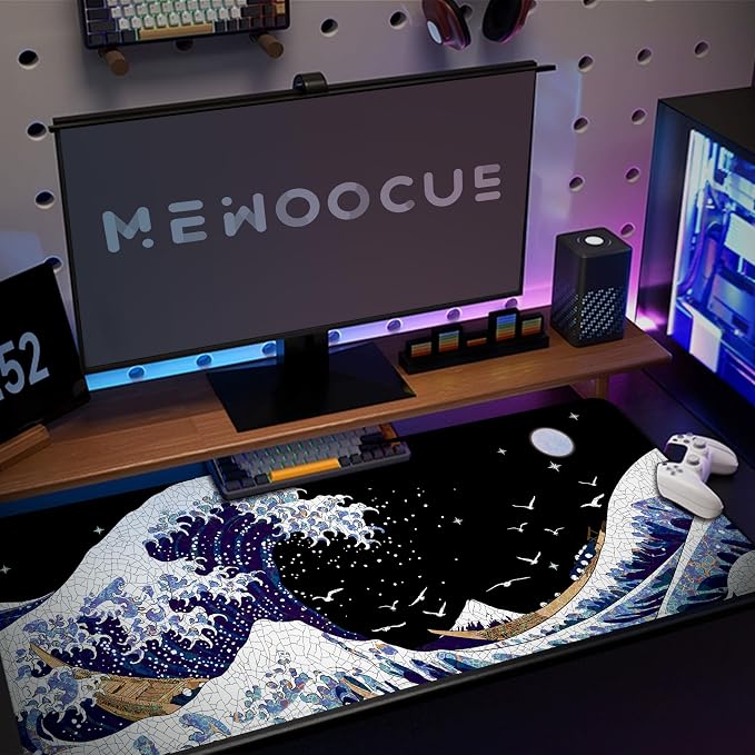 MEWOOCUE® Gaming Mouse Pad for Desk,Large Wave Mousepad Laptop,Black White Japanese Anime Mouse Mat,Long XXL Waterproof Keyboard Pads,Big Non-Slip Mousepads for Game Office Home(31.5 x 11.9 in)
