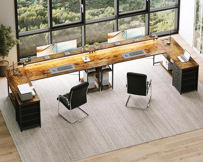 AODK 69 Inch L Shaped Computer Desk with 4 Drawers, LED Lights, Vintage | Power Outlets, Adjustable Monitor Stand, Open Storage Shelves, Reversible Layout for Gaming and Home Office