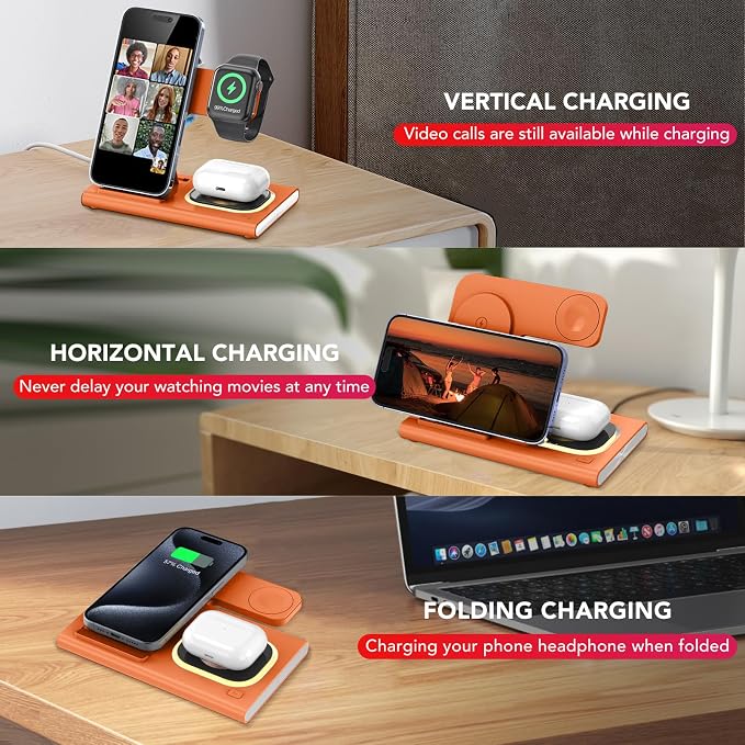 3 in 1 Foldable Wireless Fast Charging Station for Apple Multiple Devices | iPhone Charging Station for iPhone 17, Travel iWatch Charger Stand, Light Nightstand Charging Dock for Apple Watch/Airpods