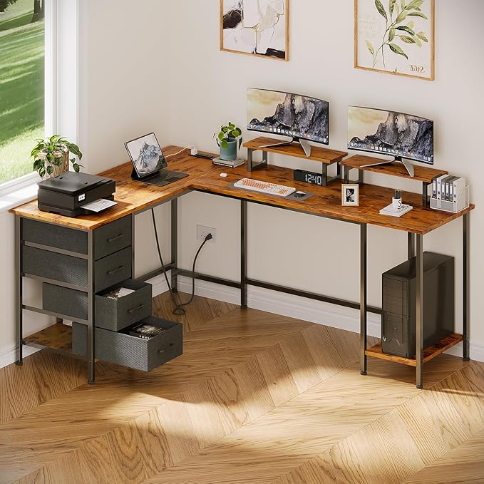 Korfile 66 inch L Shaped Computer Desk with Power Outlets, Rustic Brown | Ideal for Home Office, Bedroom, Corner, 4 Adjustable Storage Drawers, 2 Monitor Stands, Reversible, Two Person Gaming Table