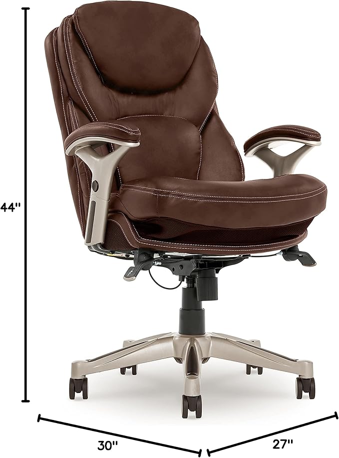 Serta Claremont Executive Office Chair with Back-In-Motion Technology, Ergonomic Mid-Back with Pivot Lumbar Support and Seat, Plush Cushion, Body Pillows, Adjustable Arms, Bonded Leather, Brown