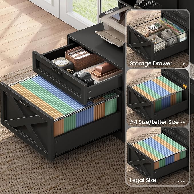 SEDETA Farmhouse L Shaped Computer Desk with Double Hutch, Storage Drawers | 68" Large L Shaped Corner Gaming Desk with LED Lights, Shelves, Display Cabinet, Power Outlet for Home Office, Black