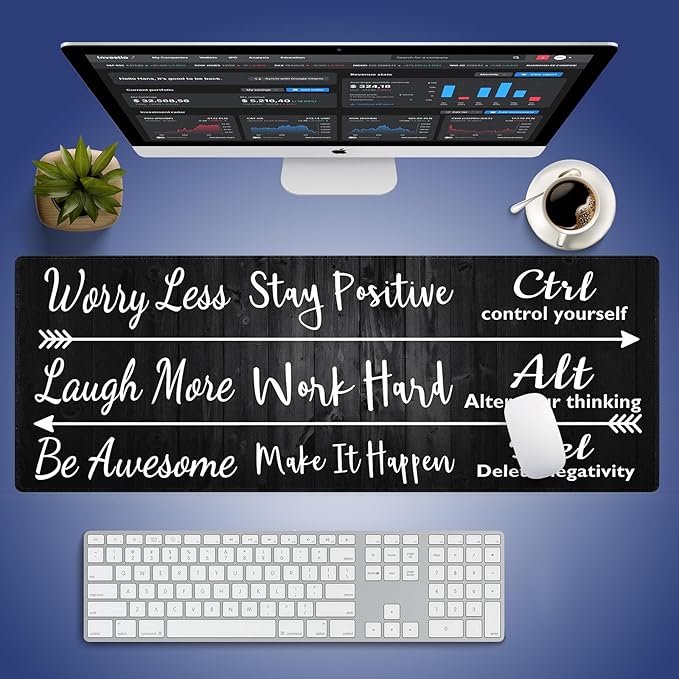 Stay Positive Work Hard Large Mouse Pad, Rustic Black Wood Grain Desk Mat | Inspirational Quote White Arrows, Motivational Design, 31.5" x 11.8", XXL Gaming Stitched Keyboard Mat, Smooth, Anti-Slip