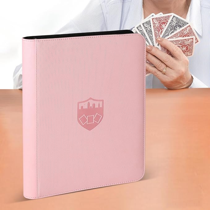 360 Cards Ringless 9-Pocket Side Loading Trading Card Binder, PU Zipper Fixed Page Card Album for TCG Sports Cards, Not Fit Top Loaders (Pink)