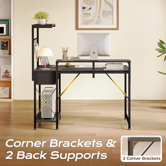 39.4 Inch Gaming Desk with LED Lights & Power Outlets | Small Computer Desk with Drawer & Storage Shelves, Office Writing Desk with Monitor Stand for Work from Home, Black