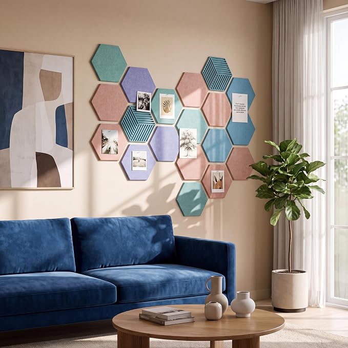 Hexagon Cork Board Alternative for Walls Decor-10-Pack Felt Bulletin Board Tiles,with 30 Pushpins,50 Adhesive Tabs for Office,Classrooms & Home Pin Board Felt Board-Pink