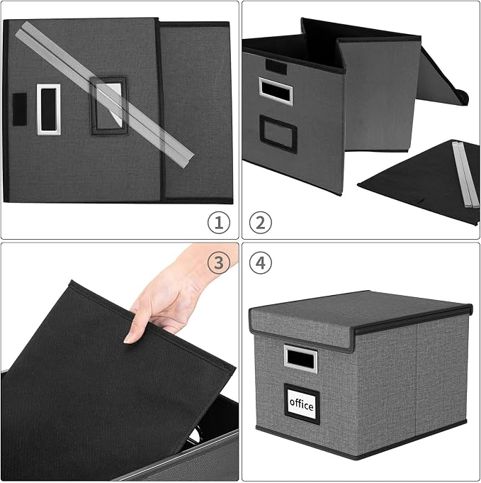 File Organizer Box with Lids, Collapsible File Folder Organizer | File Box with Plastic Slides for Document, Filing Bin for Letter Size Hanging File Folders (1 Pack, Dark Gray)