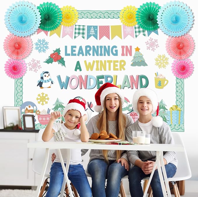 67 Pcs Winter Bulletin Board Decorations Set with 3D Paper Fans | Winter Classroom Decorations, Snowman Snowflake Penguin Xmas Tree Cutouts, Christmas Holiday School and Home Wall Door Decor