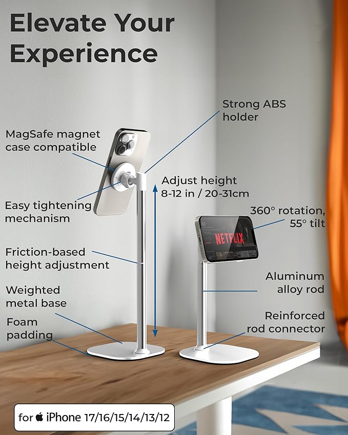 COOPER MagStand Magnetic Phone Stand for Desk, MagSafe Tripod, iPhone 17 | 9-13" Adjustable, Weighted Base, Strong Magnet Hold, iPhone Holder for Video Calls, 2 Steel Rings, Fits any iPhone or Android