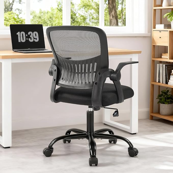 DUMOS Home Office Desk Chair, Computer Lumbar Support Chair | Ergonomic Mesh, Flip-up Armrest Height Adjustable, Rocking Mode 360 Swivel, Meeting Room, Black