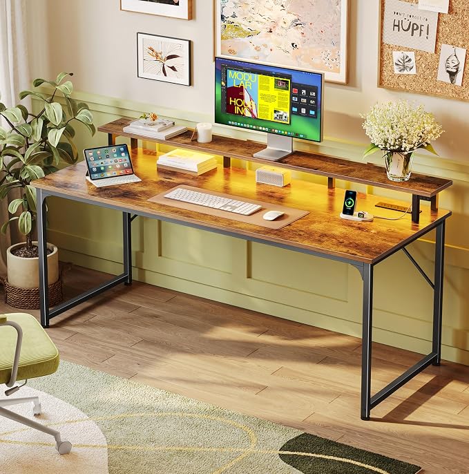 55 inch Gaming Desk, LED & Outlets, Monitor Stand, Rustic Brown | Sturdy PC Desk for Home Office, Study & Work, LED Lights, 4 AC Outlets & USB-C Charging Station