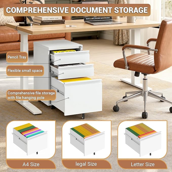 3 Drawer Small Under Desk Rolling File Cabinet with Lock for Home Office | Fully Assembled,Central Locking System,Metal,Pencil Tray,Hanging File Bar,Anti-Tipping Caster