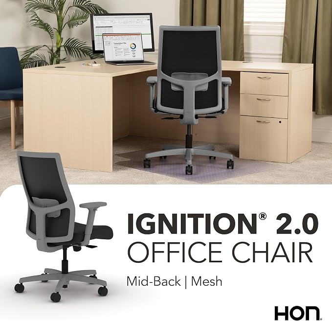 HON Ignition 2.0 Ergonomic Office Chair, Lumbar Support, Onyx | Ergonomic office desk chair with lumbar support, adjustable arms, office decor, workstation comfort for focused productivity