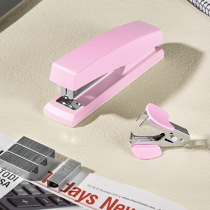 Deli Stapler, 2000 Staples and 2 Staple Removers, 2 Pack, Pink | 25 Sheet Capacity, Desktop Stapler