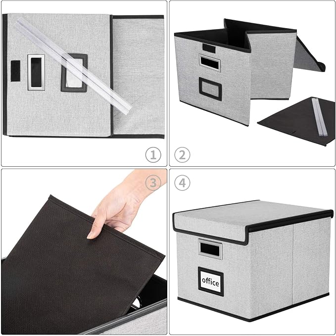 File Organizer Box with Lids, Collapsible File Folder Organizer | File Box with Plastic Slides for Office Document Storage, Filing Bin for Letter Size Hanging File Folders (2 Pack, Gray)