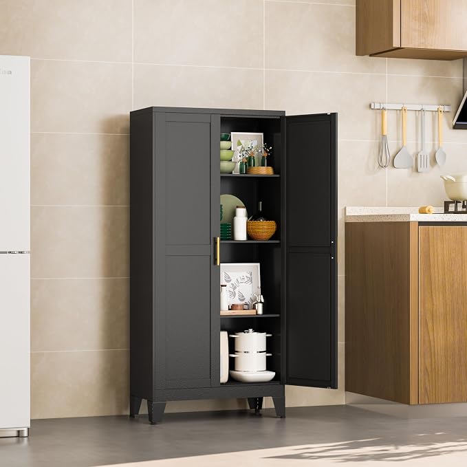 Black Kitchen Pantry Cabinets, 48" Metal Storage Cabinet for Office | Steel Kitchen Pantry Storage with Doors and 3 Adjustable Shelves, for Office, Home, Garage, School