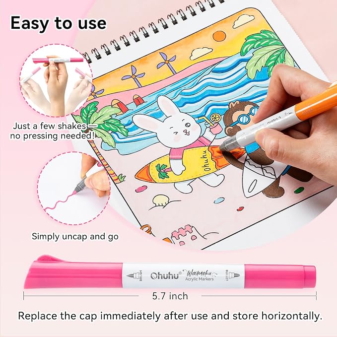 Ohuhu Acrylic Paint Markers Dual Tips Acrylic Markers High Opacity-Waimoku | 24 Colors Brush & Bullet Direct-Ink Acrylic Paint Pens for Rock Painting 3D Prints Eggs Wood Ceramic Glass DIY Crafts