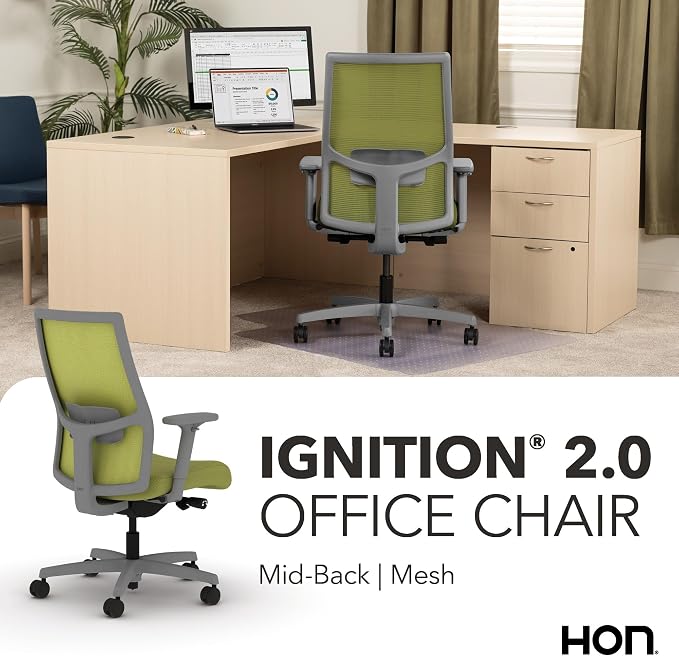 HON Ignition 2.0 Mid Back Task Chair, Spectrum Mesh, Advanced Synchro-Tilt Control, Office Chair with Lumbar Support, Height and Width Adjustable Arms, Titanium Frame, Pear | Ergonomic office desk chair with lumbar support, adjustable arms, office deco...