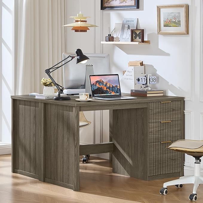 LEYAOYAO Office Desk 48" with 3 Drawers Storage File Cabinet Wood Fluted Desk for Computer Office Bedroom Home Furniture Grey