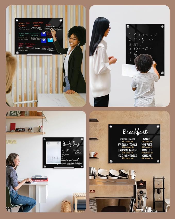 Mifuro Magnetic Glass Whiteboard,24"x18" Wall Mounted Frameless Dry Erase Board for Office, Home & School Black