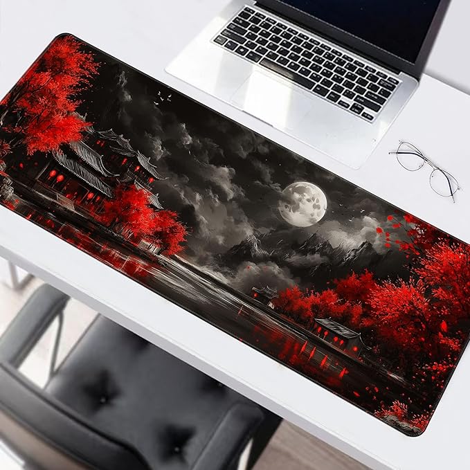 Long Gaming Mouse Pad Extended Anime Large Desk Pad with Non-Slip Base Full Keyboard Mat with Stitched Edges for Gaming and Office 31.5 x 11.8 inches (Dark Full Moon)