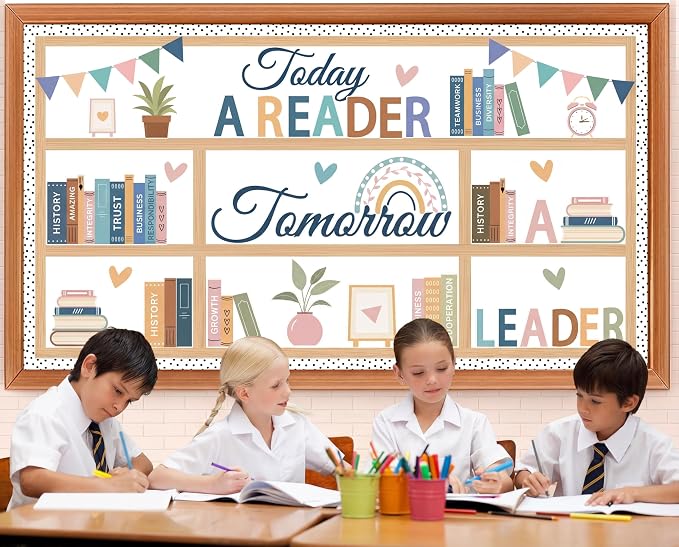 Boho Bookshelf Reading Bulletin Board Set – 80PCS Motivational Library Decor with Rainbow & Inspirational Cutouts – Read Themed Classroom Supplies for Back to School, Home & Wall Displays