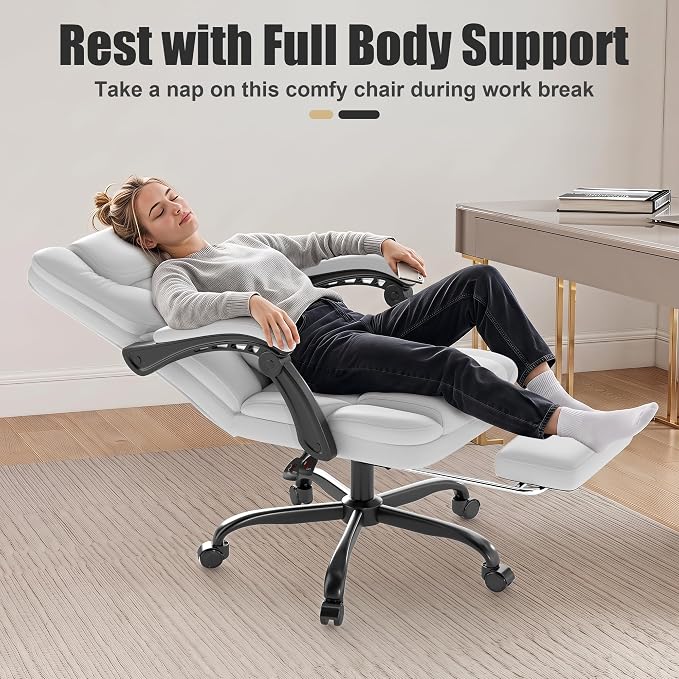 Ergonomic Office Chair with Foot Rest, 300 lbs Executive Leather Desk Chair | 90°-155° Reclining Computer Chair with Lumbar Support and Armrests, Adjustable Height Swivel Chair for Home Office Desk White