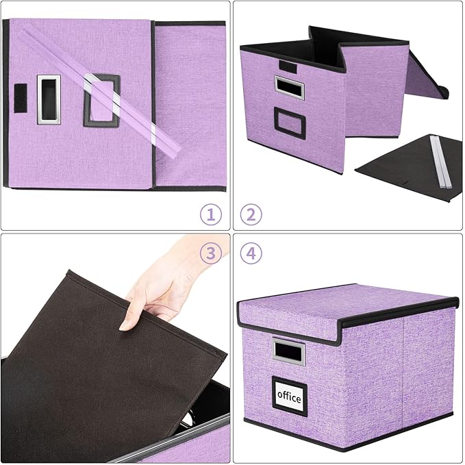 File Organizer Box with Lids, Collapsible File Folder Organizer | File Box with Plastic Slides for Office Document Storage, Filing Bin for Letter Size Hanging File Folders (1 Pack, Lavender)