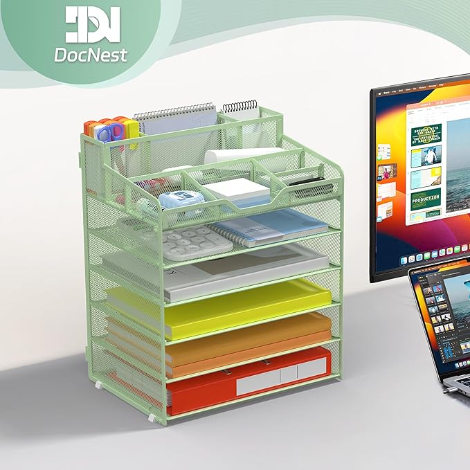 Docnest 6 Tier Mesh Desk Organizer with Letter Tray & Paper Sorter, Green | Features 3 built-in pen holders & 5 adjustable compartments on top. Includes 4 non-slip rubber feet for desk protection