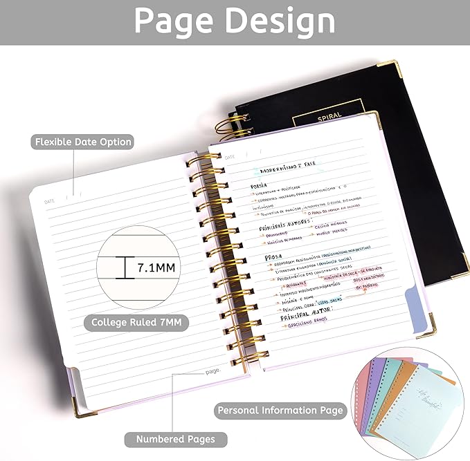 Yoment Hardcover Spiral Notebook with Tabs 6.1"x8.3" Small Spiral Notebook | 200 Pages Journals for Women Men with Dividers College Ruled Notebook 5 Subject Notebook for Work School Gifts, Black