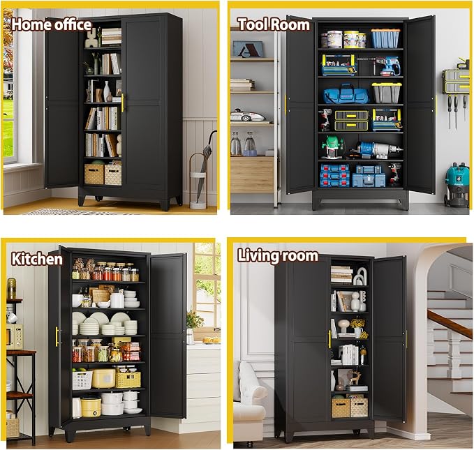PAOFIN 79" Tall Black Kitchen Pantry Cabinet, Metal Storage Cabinet | with 2 Doors and 5 Adjustable Shelves, Steel Freestanding Wider Cupboard for Kitchen Dining Bathroom Bedroom(New Update)