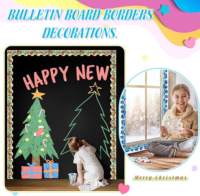 Geyee 12 Rolls 394 ft Holiday Bulletin Board Borders Seasonal Bulletin Board Decorations Winter Valentine's Day Spring Trim for School Classroom Wall Decor