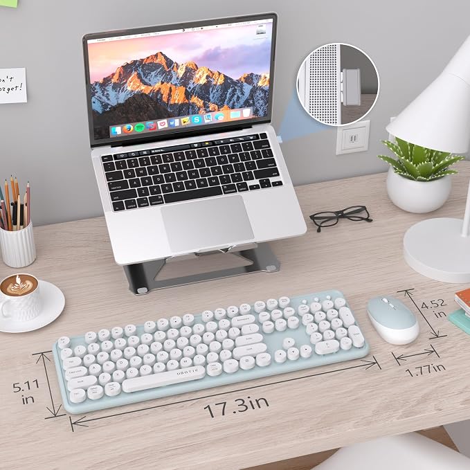 UBOTIE Colorful Wireless Keyboard and Mouse Combo (Green-White) | Retro Typewriter Floating Full-Sized Keys Computer Keyboard with Optical Mouse, 2.4GHz USB Connection for Windows Mac