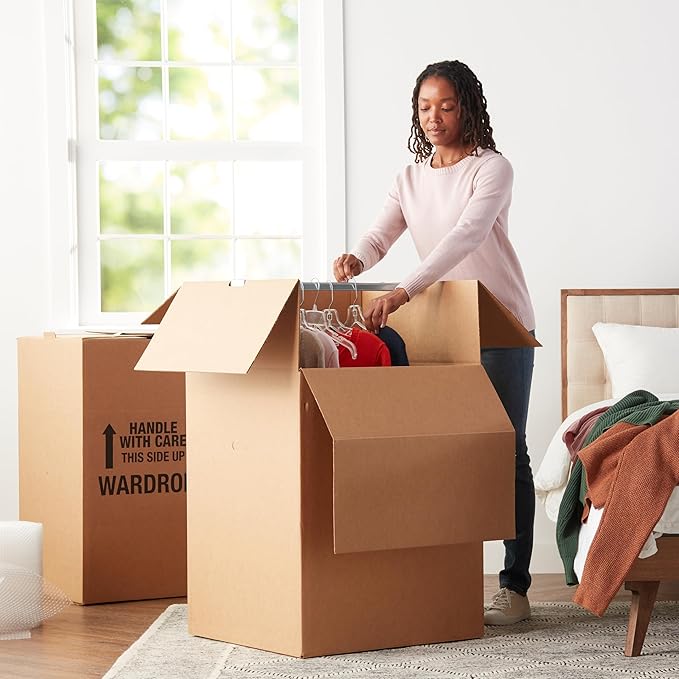 Amazon Basics Sturdy Wardrobe Moving Boxes with Hanger Bar for Packing Clothes, Easy to Assemble, 20" x 20" x 34", Brown, 6-Pack
